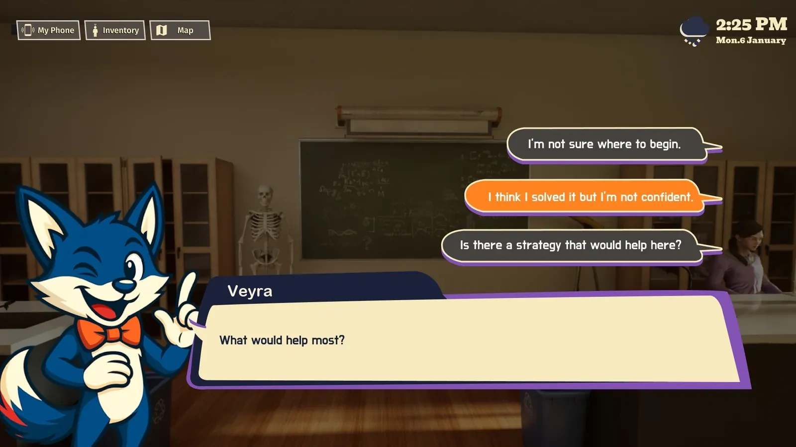 In a science classroom in Pebble Academy, Veyra the fox asks 'What would help most?' and the pupil picks a reply, such as 'I'm not sure where to begin.'