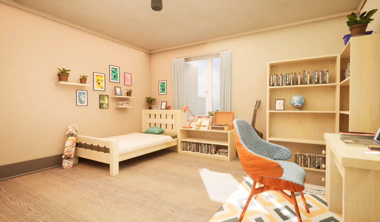 A pupil's room in Pebble Academy, with a bed, bookshelves, a guitar and a desk