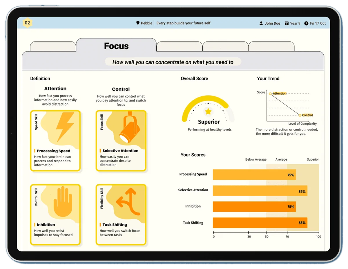The Focus page: the four focus skills explained, with an overall result and a bar for each skill