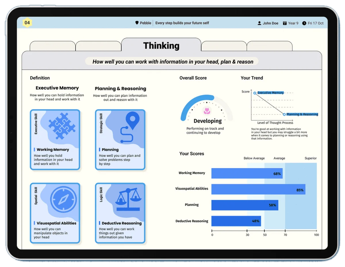 The Thinking page: working memory, visuospatial abilities, planning and deductive reasoning explained, with a bar for each skill