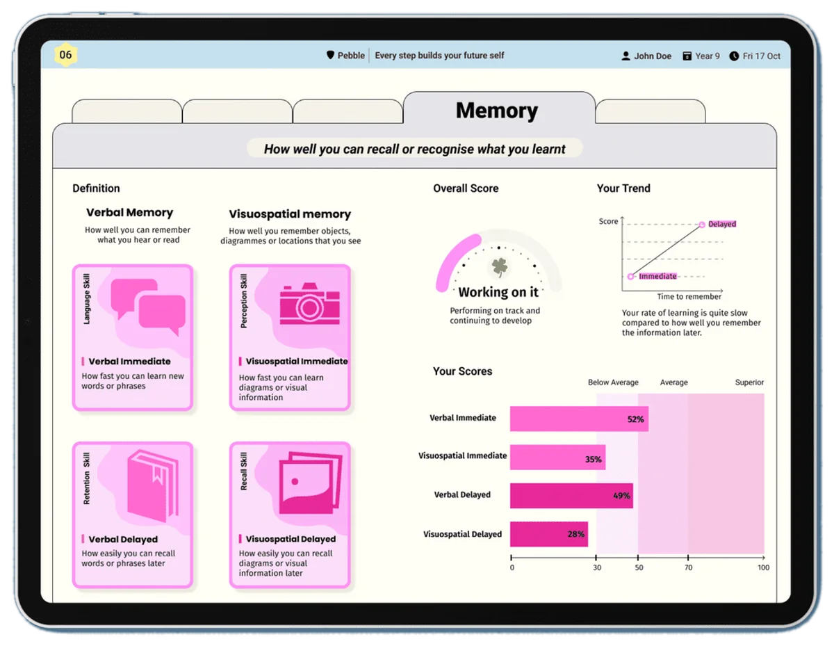 The Memory page: verbal and visuospatial memory, immediate and delayed, explained with a bar for each
