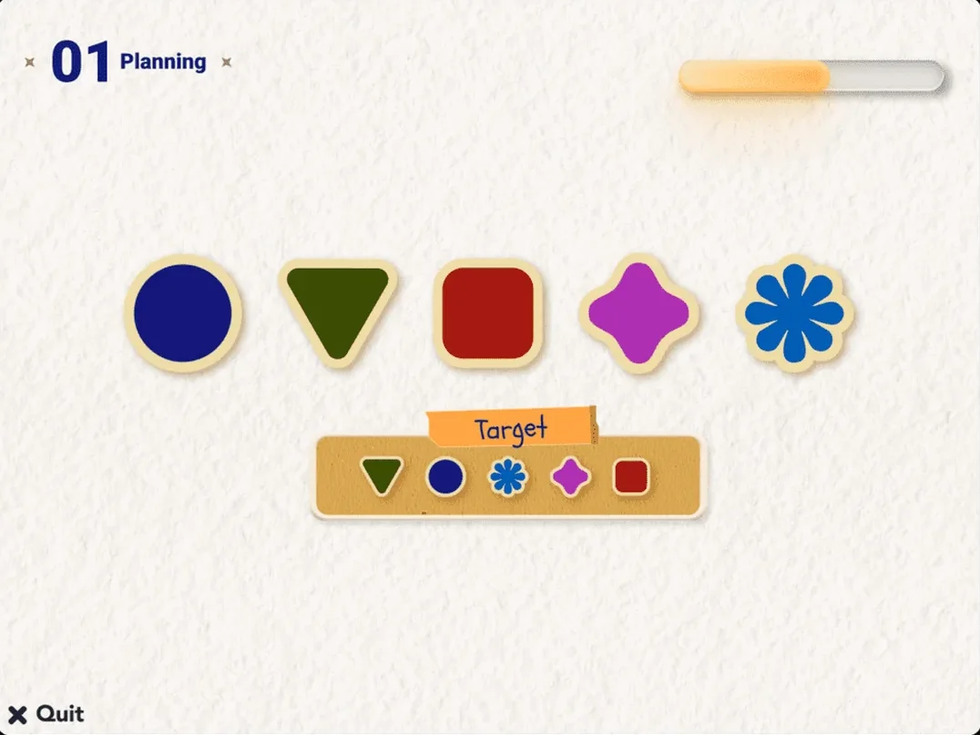 The planning task in the Mind Skills Check: five coloured shapes to put in order to match a target row