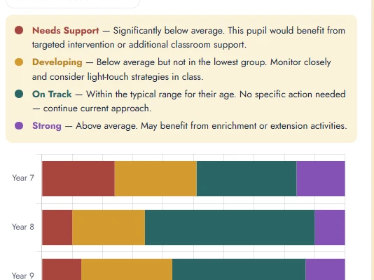 The Teacher Dashboard: support levels for each year group, with what to do at each level