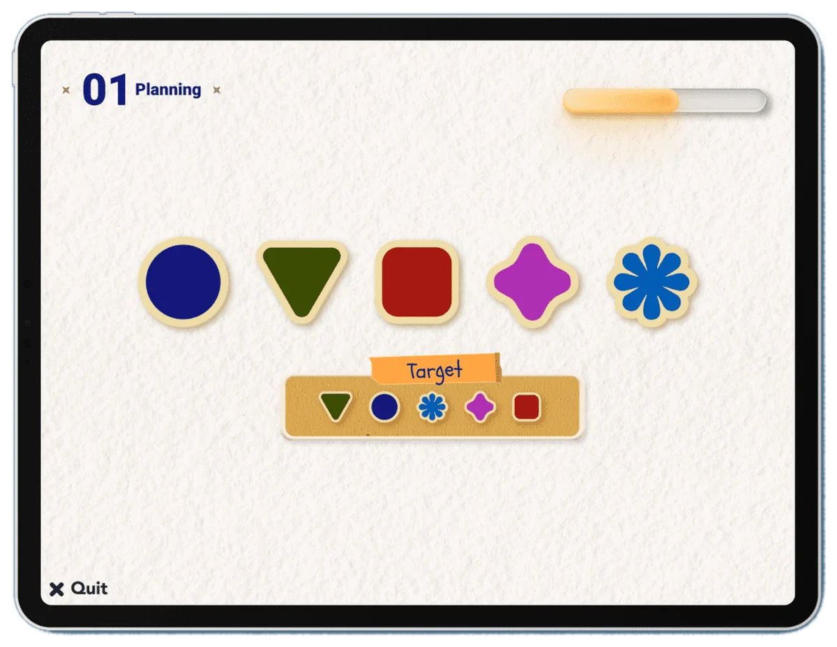 Task 01, Planning: five coloured shapes in a row, above a target bar showing the order to match.