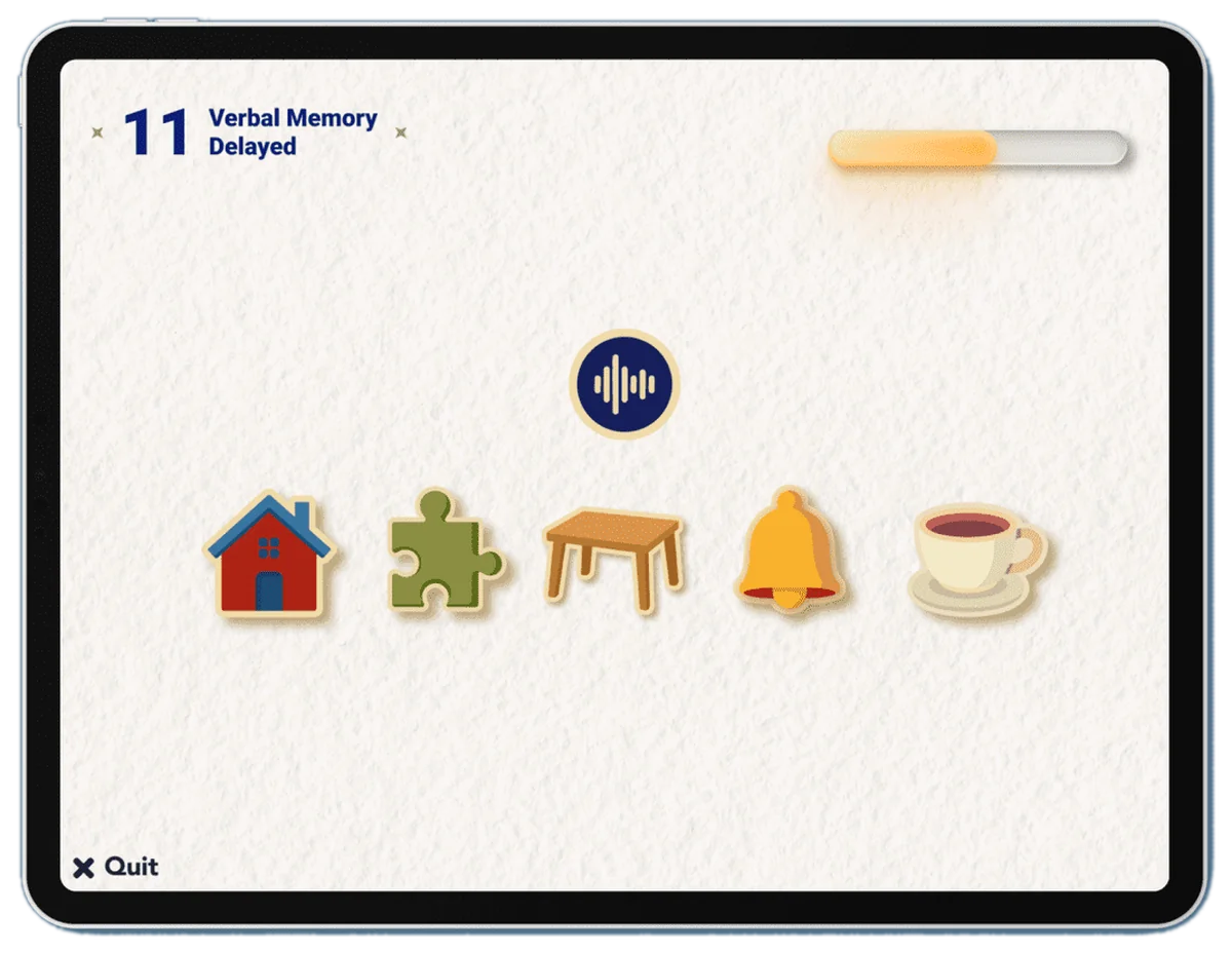 Task 11, Verbal memory, delayed: a sound button above five pictures: a house, a puzzle piece, a table, a bell and a cup.