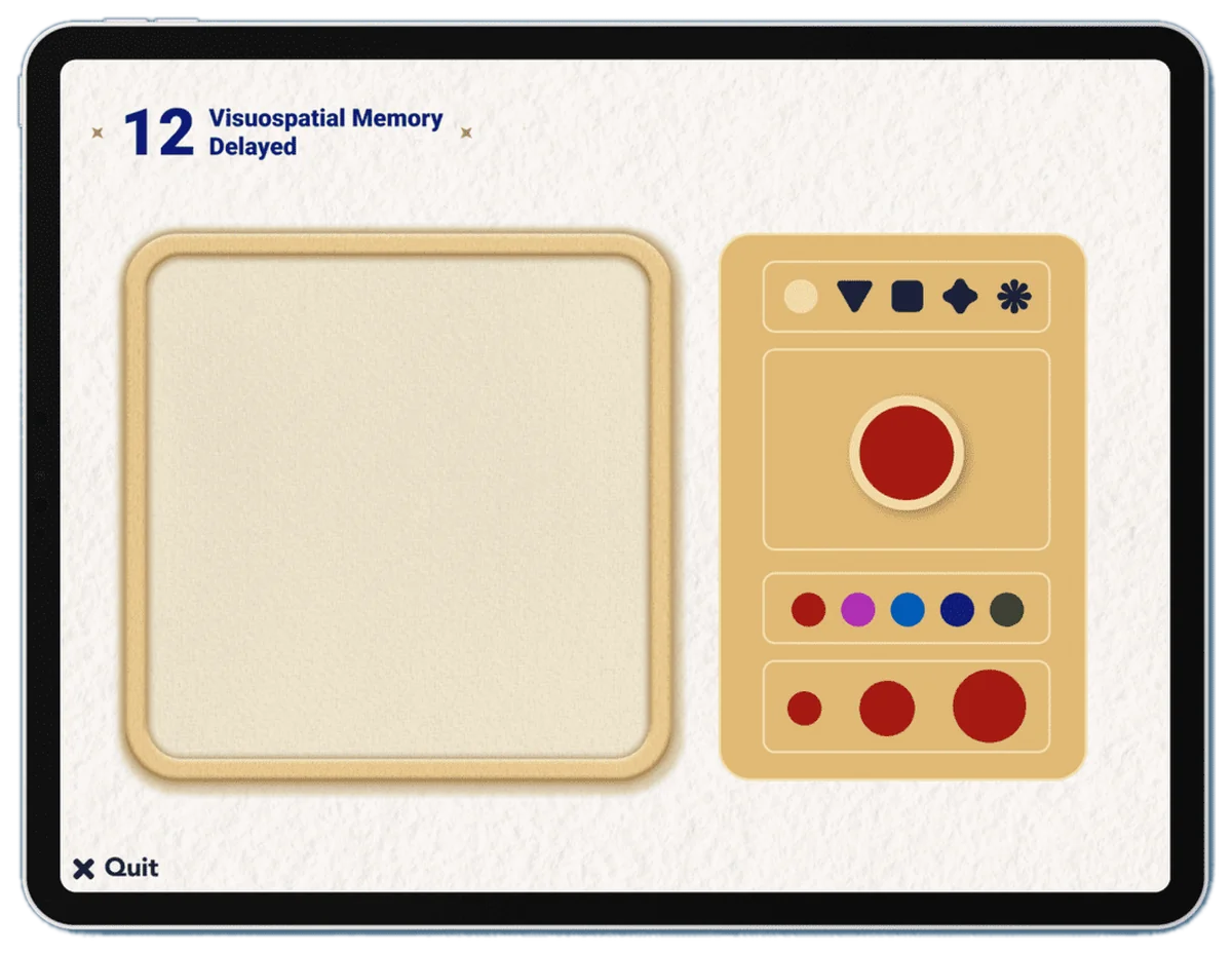 Task 12, Visuospatial memory, delayed: an empty board beside a panel of shapes and colours to choose from.