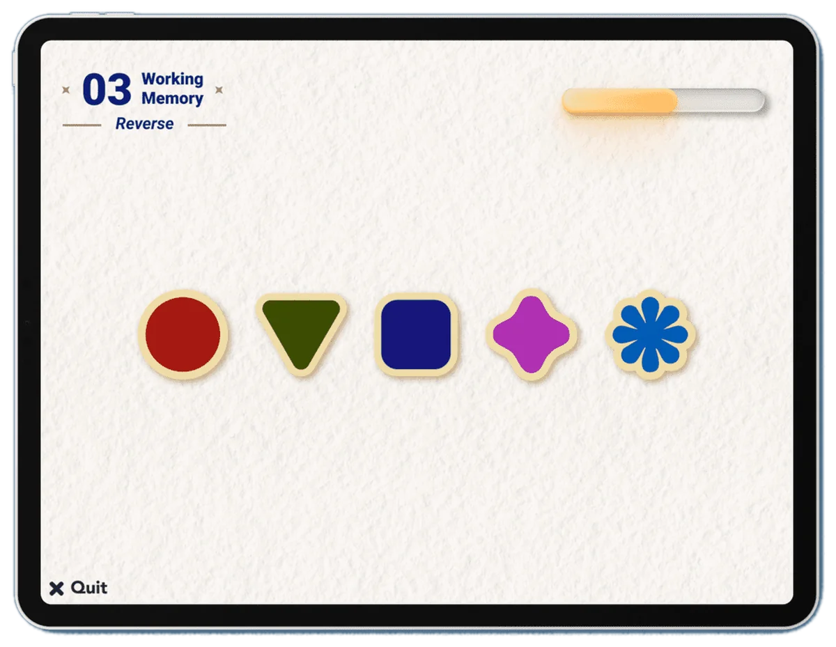 Task 03, Working memory, reverse: a sequence of five coloured shapes.
