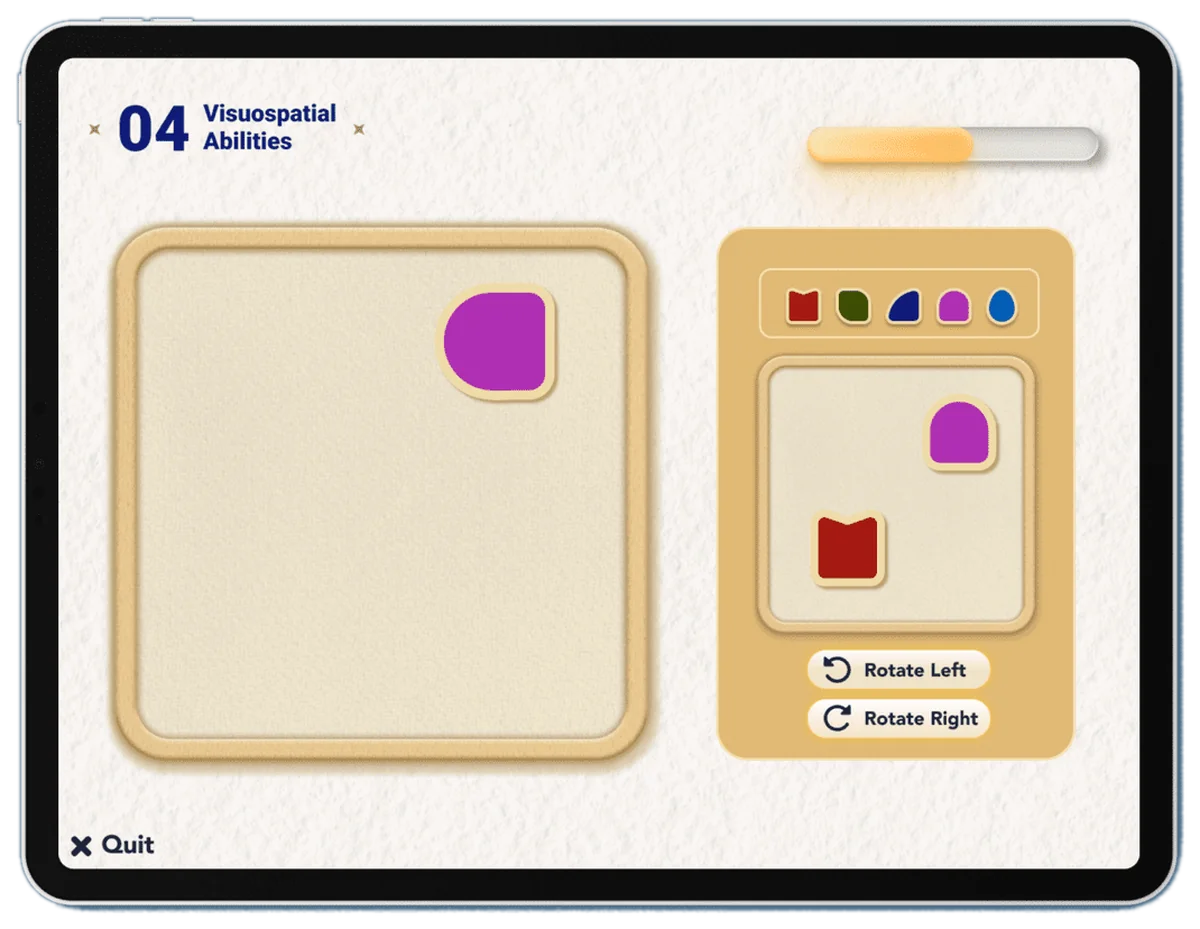 Task 04, Visuospatial abilities: a board with one shape placed, beside a target picture and buttons to rotate left or right.