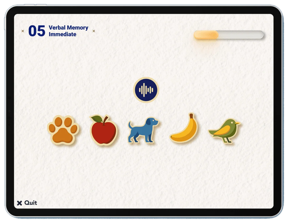Task 05, Verbal memory, immediate: a sound button above five pictures: a paw print, an apple, a dog, a banana and a bird.