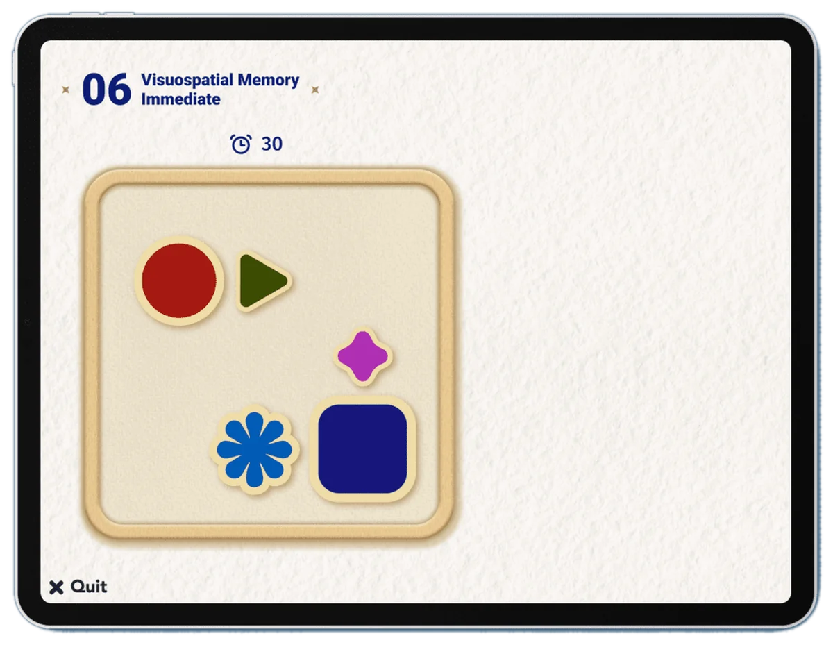 Task 06, Visuospatial memory, immediate: a board of five coloured shapes, with a 30-second timer.