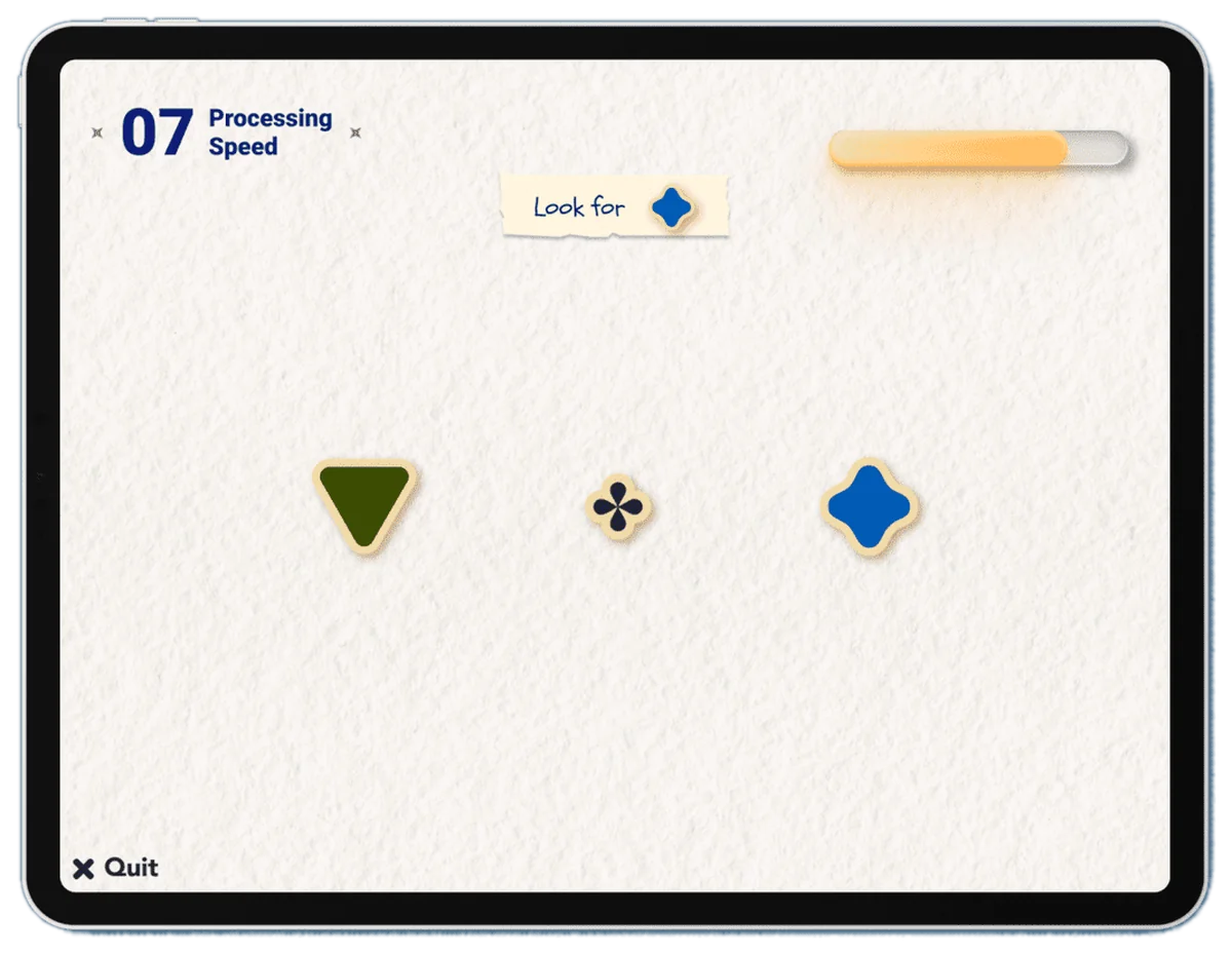 Task 07, Processing speed: a target shape to look for, above three shapes in a row.