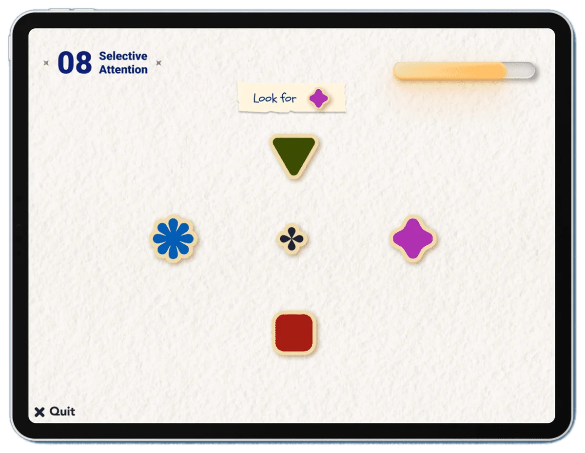 The selective attention task: one instruction, Look for, with a target shape, and five shapes on a plain background