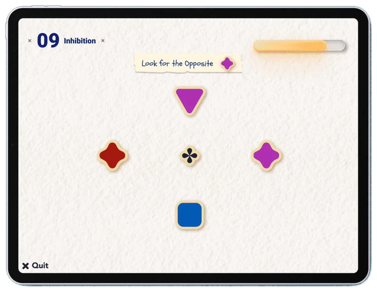Task 09, Inhibition: the instruction Look for the Opposite, with four shapes around a centre point.